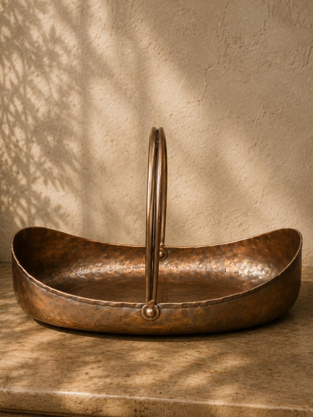 Vintage Artisan Hand-Hammered Aged Patina Copper Basket with Hinged Handle